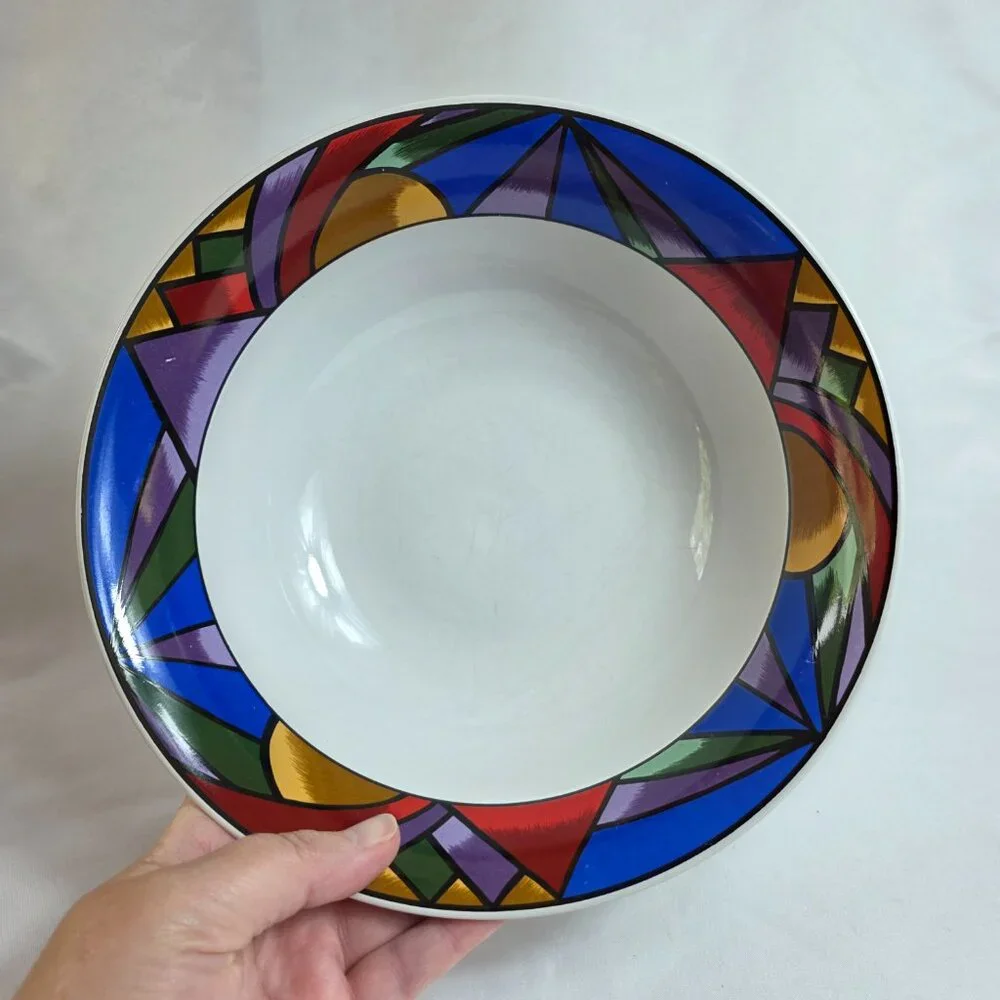 Sakura Sunset Mountain Serving Bowl White with Multicolor Border
